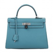 Best Hermes Kelly 32cm Shoulder Bag Light Blue Original Leather K32 Silver PY1644Ml87