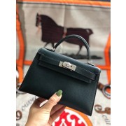 Fake Hermes original mini Kelly chevre mysore K19CM Blackish green&silver Metal PY592qY98