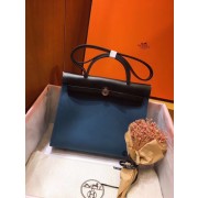 Hermes Herbag 31CM Original Canvas Leather & Calfskin 45987 Blue&Black PY556mD58