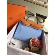 Hermes Herbag 31CM Original Canvas Leather & Calfskin 45987 Skyblue&Brown PY816uT54