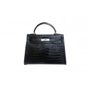 Hermes Kelly 32cm Shoulder Bag Black Croco Patent Leather K32 Silver PY1840rN47