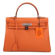 Hermes Kelly 32cm Shoulder Bag Orange Original Leather K32 Silver PY1656zS17