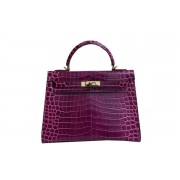 Hermes Kelly 32cm Shoulder Bag Purple Croco Patent Leather K32 Gold PY1833QS83