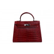 Hermes Kelly 32cm Shoulder Bag Red Croco Patent Leather K32 Silver PY1834dC47