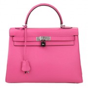 Hermes Kelly 32cm Shoulder Bag Rose Original Leather K32 Silver PY1650Hk55