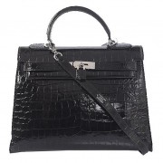 Hermes Kelly 32cm Shoulder Bags Black Iridescent Croco Leather Silver PY1600ff12