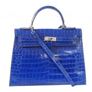 Hermes Kelly 32cm Shoulder Bags Blue Iridescent Croco Leather Gold PY1598aM39