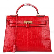 Hermes Kelly 32cm Shoulder Bags Red Iridescent Croco Leather Gold PY1604vN22