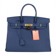 High Quality Fake Hermes Birkin 35CM Tote Bag Dark Blue Original Leather H35 Gold PY1671kU69