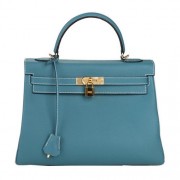 Imitation Hermes Kelly 32cm Shoulder Bag Light Blue Original Leather K32 Gold PY1645jf20