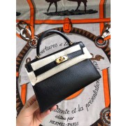 Imitation Hermes original mini Kelly chevre mysore K19CM black&Gold Metal PY606EY79