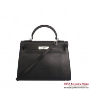 Quality Hermes Kelly 32cm Top Handle Bag Black Togo Leather Silver PY1909Vu63