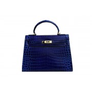 Replica Hermes Kelly 32cm Shoulder Bag Blue Croco Patent Leather K32 Silver PY1831BV51