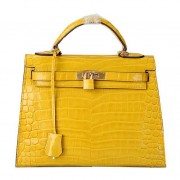 Replica Hermes Kelly 32cm Shoulder Bags Yellow Iridescent Croco Leather Gold PY1599cS18