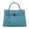 Best Hermes Kelly 32cm Shoulder Bag Light Blue Original Leather K32 Silver PY1644Ml87