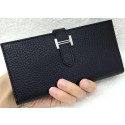 Fake Luxury Hermes Bearn Japonaise Bi-Fold Wallet Litchi Leather A208 Black PY2113uE99