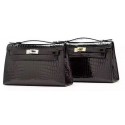 Fake Luxury Hermes MINI Kelly 22cm Clutch Croco Leather KL22 Black PY1090uE99