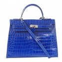 Hermes Kelly 32cm Shoulder Bags Blue Iridescent Croco Leather Gold PY1598aM39