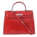 Hermes Kelly 32cm Shoulder Bags Red Iridescent Croco Leather Silver PY1603wn15