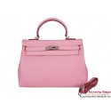 Replica Hermes Kelly 32CM Top Handle Bag Pink Clemence Leather Silver PY1884Ye83