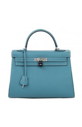 Best Hermes Kelly 32cm Shoulder Bag Light Blue Original Leather K32 Silver PY1644Ml87