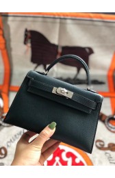 Fake Hermes original mini Kelly chevre mysore K19CM Blackish green&silver Metal PY592qY98