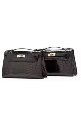 Fake Luxury Hermes MINI Kelly 22cm Clutch Croco Leather KL22 Black PY1090uE99