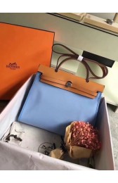 Hermes Herbag 31CM Original Canvas Leather & Calfskin 45987 Skyblue&Brown PY816uT54