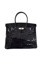 Imitation Hermes Birkin 35CM Tote Bag Black Iridescent Croco Leather Silver PY1614QQ72