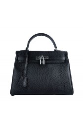 Imitation Top Hermes Kelly 28cm Shoulder Bags Black Grainy Leather Silver PY1570tr16