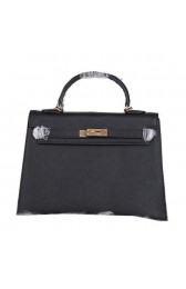 Knockoff Best Hermes Kelly 32cm Shoulder Bags Grained Leather Black PY1450sm35