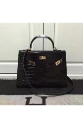 Replica High Quality Hermes Kelly 28cm Shoulder Bag Croco Leather K28 Black PY902Jh90