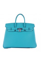 Top Hermes Birkin 35CM Tote Bag Light BLue Grainy Leather Silver PY1592Wi77