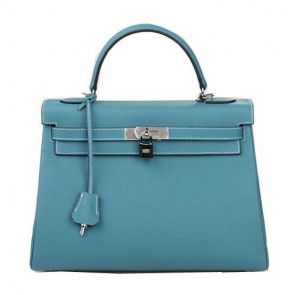 Best Hermes Kelly 32cm Shoulder Bag Light Blue Original Leather K32 Silver PY1644Ml87