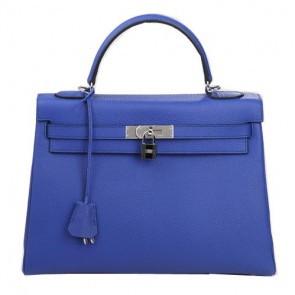 Copy 1:1 Hermes Kelly 32cm Shoulder Bag Blue Original Leather K32 Silver PY1641xD64