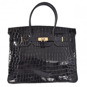 Fake Hermes Birkin 35CM Tote Bag Black Iridescent Croco Leather Gold PY1615qY98