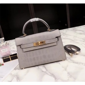 Fake Hermes Kelly 19cm Tote Bag crocodile Leather KL19 light gray PY757GR32