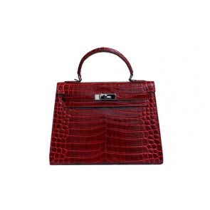 Hermes Kelly 32cm Shoulder Bag Red Croco Patent Leather K32 Silver PY1834dC47