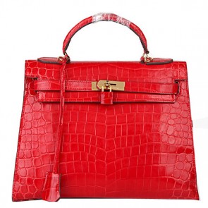 Hermes Kelly 32cm Shoulder Bags Red Iridescent Croco Leather Gold PY1604vN22