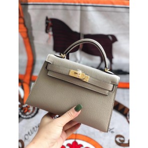 Hermes original mini Kelly chevre mysore K19CM light grey&Gold Metal PY589vJ33