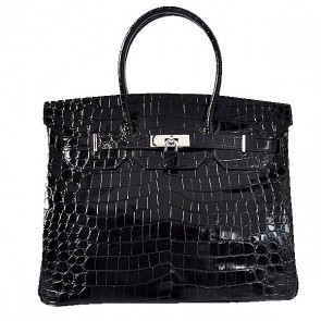 Imitation Hermes Birkin 35CM Tote Bag Black Iridescent Croco Leather Silver PY1614QQ72