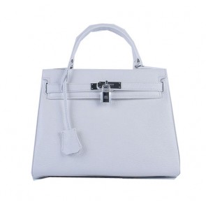 Imitation Hermes Kelly 28cm Shoulder Bags White Grainy Leather Silver PY1578zB65