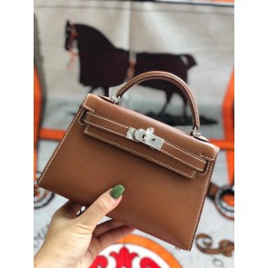 Imitation Hermes original mini Kelly chevre mysore K19CM brown&silver Metal PY590JC57