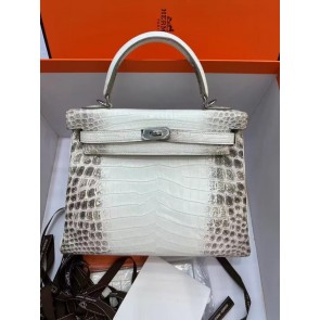 Knockoff Hermes Kelly 25CM Original South African Nile Crocodile Leather Bag KL25 White&Gray PY100kC27