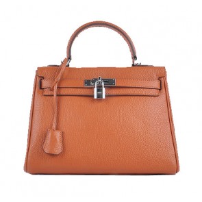 Replica Hermes Kelly 28cm Shoulder Bags Orange Grainy Leather Silver PY1576eq83