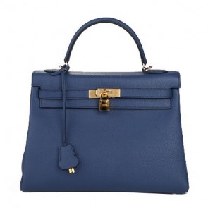 Replica Hermes Kelly 32cm Shoulder Bag Dark Blue Original Leather K32 Gold PY1643DW49