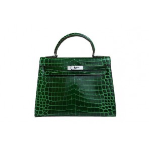 Replica Hermes Kelly 32cm Shoulder Bag Green Croco Patent Leather K32 Silver PY1830Va47