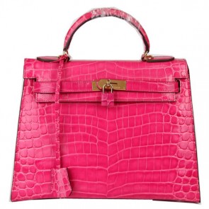 Replica Hermes Kelly 32cm Shoulder Bags Peach Iridescent Croco Leather Gold PY1602fN93