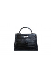 Hermes Kelly 32cm Shoulder Bag Black Croco Patent Leather K32 Silver PY1840rN47