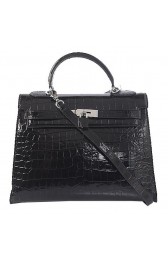 Hermes Kelly 32cm Shoulder Bags Black Iridescent Croco Leather Silver PY1600ff12